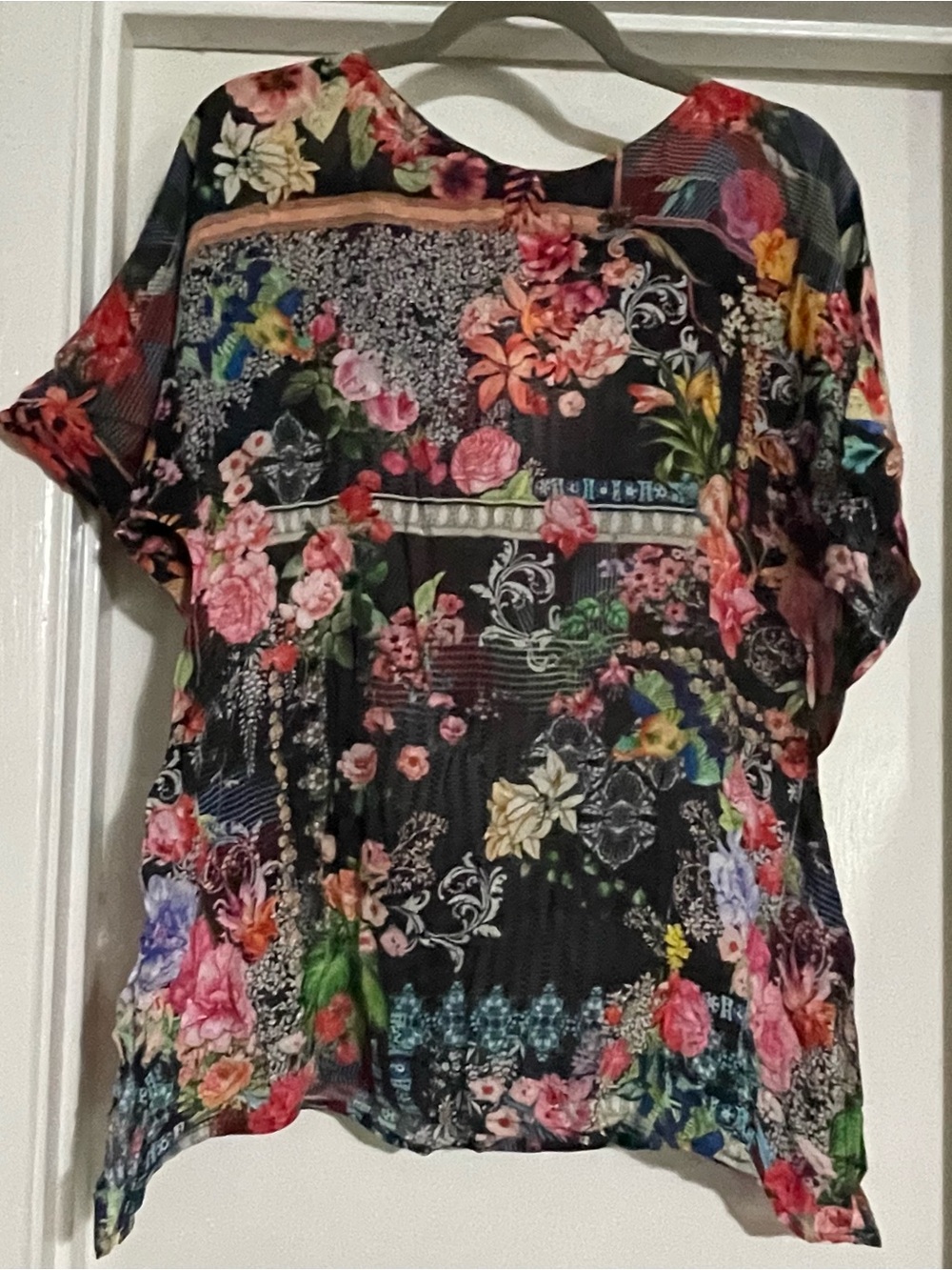 NWT Shana Apparel Silk Blend Blouse Black Floral Boho Tunic Top XS Oversized